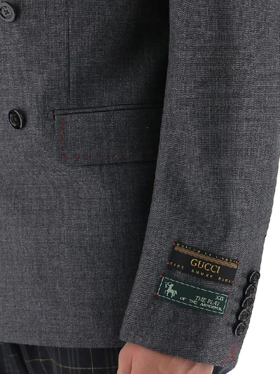 Shop Gucci Double Breasted Stitch Detail Blazer In Grey