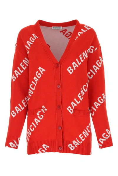 Shop Balenciaga All Over Logo Cardigan In Red