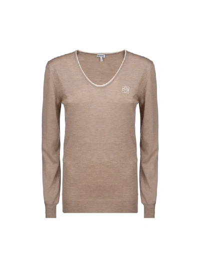 Shop Loewe Anagram Embroidered U Neck Sweater In Beige Mist