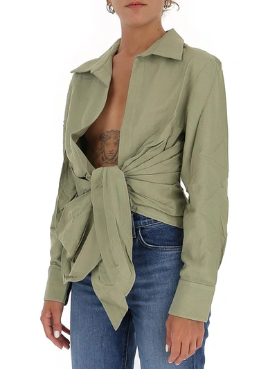 Shop Jacquemus Bahia Long Sleeve Draped Shirt In Green