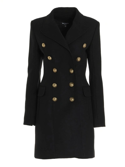 Shop Balmain Double Breasted Coat In Black