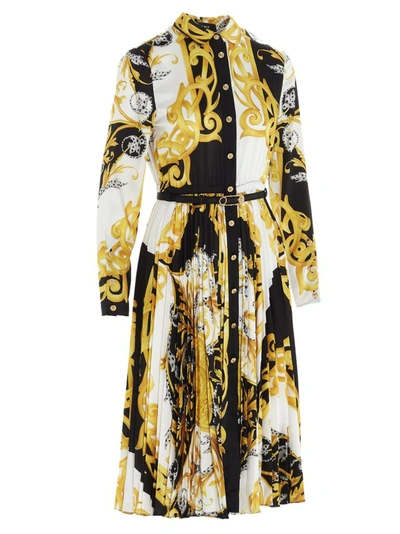 Shop Versace Baroque Pleated Dress In Multi