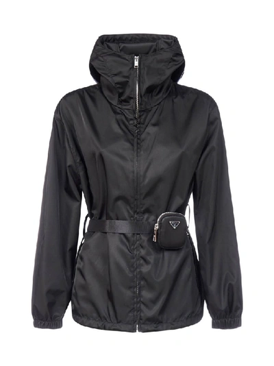 Shop Prada Belted Pouch Hooded Jacket In Black