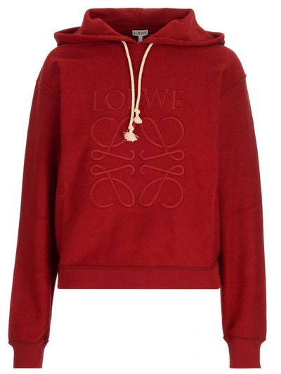 Shop Loewe Anagram Embroidered Hoodie In Red