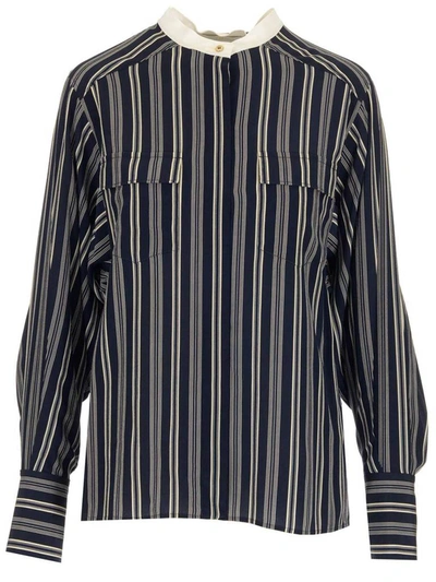 Shop Chloé Striped Mandarin Collar Shirt In Blue