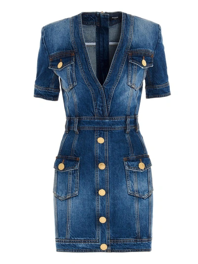 Shop Balmain Embellished Mini Denim Dress In Blue