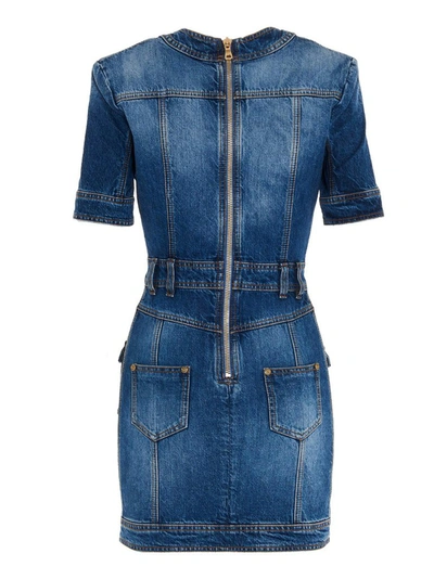 Shop Balmain Embellished Mini Denim Dress In Blue