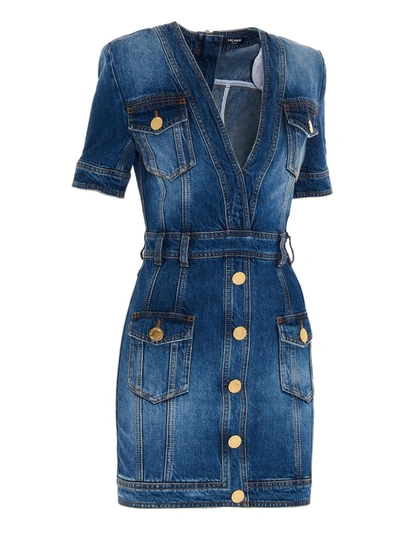 Shop Balmain Embellished Mini Denim Dress In Blue