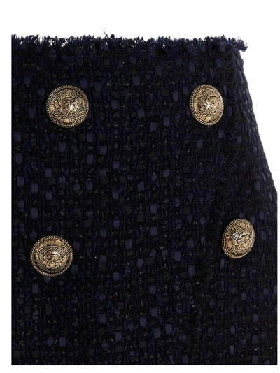 Shop Balmain Wrap Front Tweed Skirt In Blue