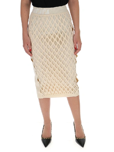 Shop Fendi Logo Knitted Pencil Skirt In Beige