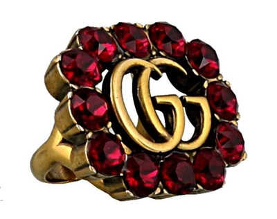 Shop Gucci Crystal Embellished Double G Ring In Red