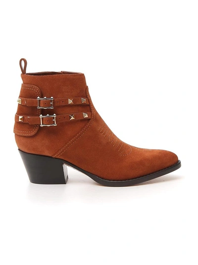 Shop Valentino Garavani Rockstud Ankle Boots In Brown