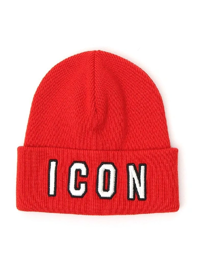 Shop Dsquared2 Icon Embroidered Knitted Beanie In Red