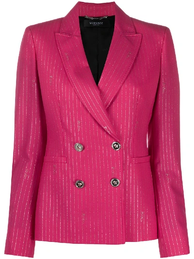 Shop Versace Double-breasted Metallic Pinstripe Blazer In Pink