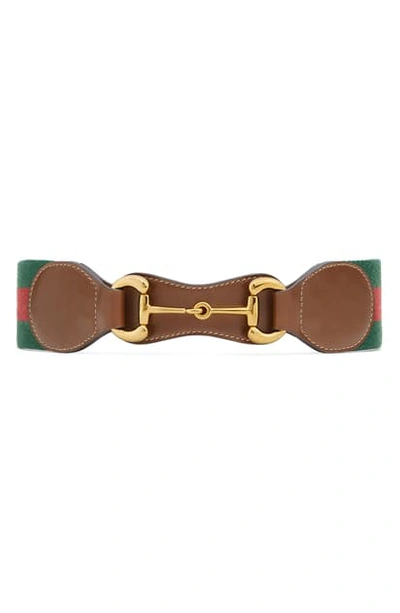 Shop Gucci Horsebit Stripe Web Belt In Brown/ Red/ Green