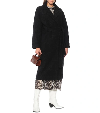Ganni Black Wool Boucl Wrap Coat ModeSens