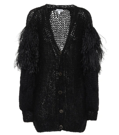 Shop Loewe Feather-trimmed Mohair-blend Cardigan In Black