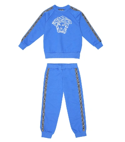 Shop Versace Embroidered Cotton Tracksuit In Blue