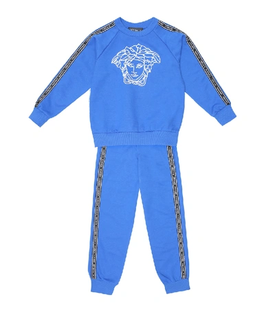 Shop Versace Embroidered Cotton Tracksuit In Blue