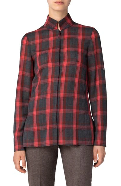 Shop Akris Open Back Plaid Wool Mousseline Shirt In Taupe-camelia