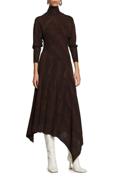 Shop Proenza Schouler Woodgrain Jacquard Long Sleeve Asymmetrical Sweater Dress In Dark Brown/ Black