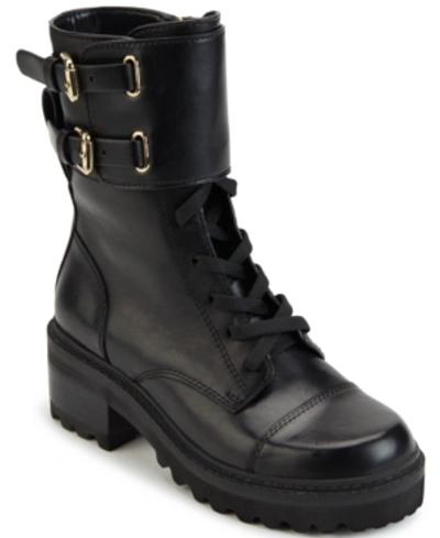 Shop Dkny Women's Bart Lace-up Buckled Lug Sole Booties In Black