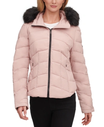 Calvin Klein Faux-fur-trim Hooded Stretch Puffer Coat In Dusk Rose |  ModeSens