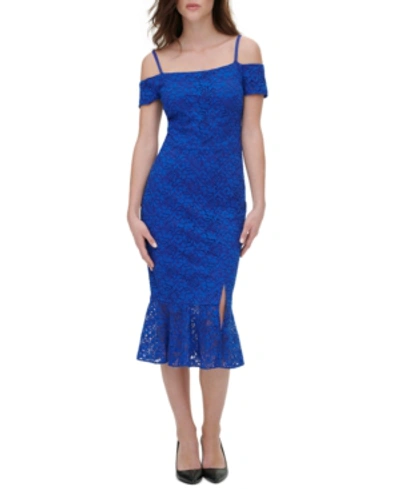 Shop Guess Off-the-shoulder Lace Midi Dress In Cobalt