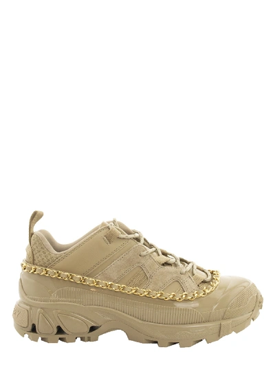 Shop Burberry Arthur - Chain Detail Suede And Leather Arthur Sneakers In Honey
