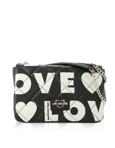 Shop Love Moschino Black And White Signature Print Eco- Leather Shoulder Bag
