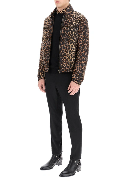 Shop Saint Laurent Nylon Bomber With Leopard Print In Black,brown