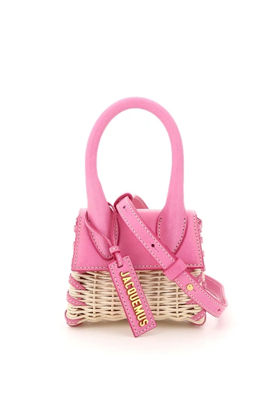 Shop Jacquemus Le Chiquito Wicker And Leather Micro Bag In Fuchsia,pink,beige