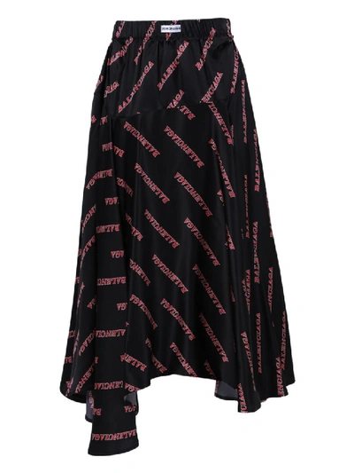 Shop Balenciaga Red And Black Asymmetric Logo Print Silk Midi Skirt