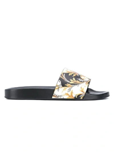 Shop Versace White, Black, And Gold Barocco Print Pool Slides In Multicolor