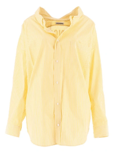Shop Balenciaga Yellow Open Collar Striped Shirt