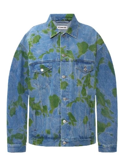 Shop Balenciaga Oversized Green Print Denim Jacket In Blue