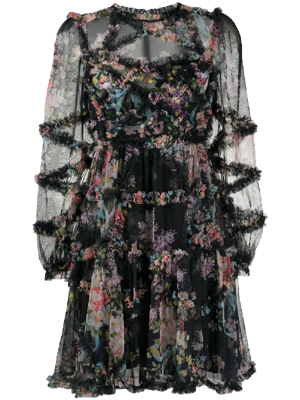 needle & thread ruffle midi dress in allover floral print