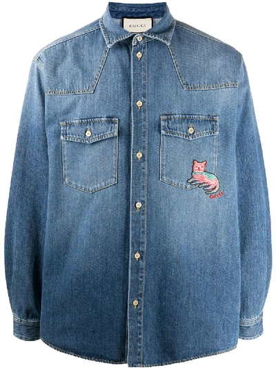 Shop Gucci Embroidered-logo Denim Shirt In Blue