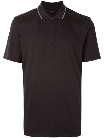 Shop Hugo Boss Front-zip Polo Shirt In Grey