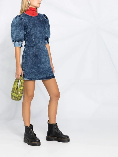Shop P.a.r.o.s.h Denim Mini Dress With Puff Sleeves In Blue