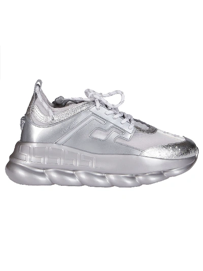 Shop Versace Silver-tone Leather Chain Reaction Sneakers