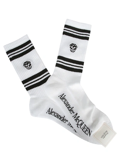 Shop Alexander Mcqueen White Cotton Blend Skull Sport Socks In White Black