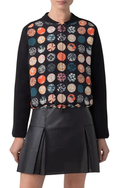 Shop Akris Punto Wood Block Dot Print Silk Front Stretch Wool Cardigan In Multicolor/ Black