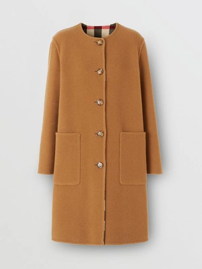 Shop Burberry Reversible Check Technical Wool Coat In Mid Camel
