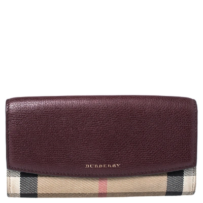 Pre-owned Burberry Burgundy House Check Canvas And Leather Flap Continental Wallet