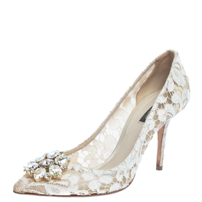 Pre-owned Dolce & Gabbana White Lace Bellucci Crystal Embellished Pumps Size 40