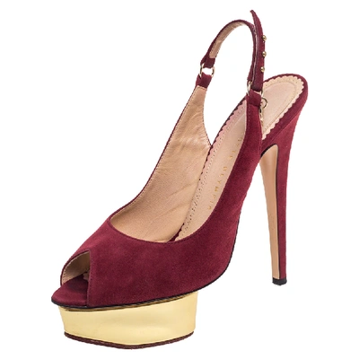 Pre-owned Charlotte Olympia Maroon Suede Slingback Peep Toe Platform Pumps Size 38 In Burgundy