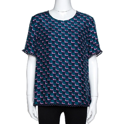 Pre-owned Kenzo Midnight Blue Printed Star Patterned Silk Jacquard Top L