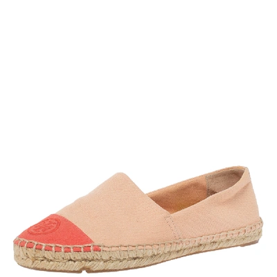 Pre-owned Tory Burch Coral Pink Canvas Logo Cap Top Espadrille Flats Size 36.5