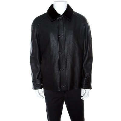 Pre-owned Ermenegildo Zegna Black Mink Fur Collar Detail Zip Front Deer Leather Jacket 3xl